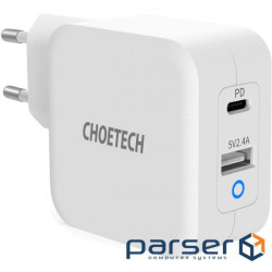 Зарядное устройство CHOETECH PD8002 65W USB-C, USB-A, PD3.0, QC3.0 GaN Wall Charger White