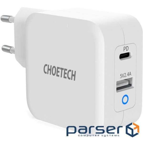 Зарядний пристрій CHOETECH PD8002 65W USB-C, USB-A, PD3.0, QC3.0 GaN Wall Charger White