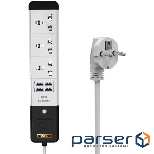 Подовжувач мережі Senmaxu SMX-888, 3 Universal Socket + 4 USB, 1,5м , Grey, Box