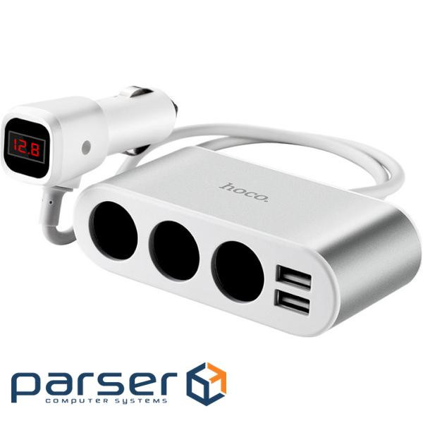 Розгалужувач прикурювача HOCO Z13 2xUSB-A, 3xCar Charger, LCD Digital Display Silv (6957531050896)