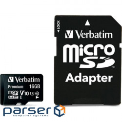 Карта пам'яті VERBATIM microSDHC Premium 16GB UHS-I Class 10 + SD-adapter (44082)