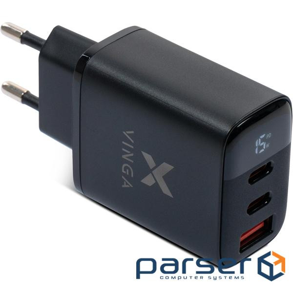 Зарядний пристрій Vinga 2xUSB-C PD30W + USB-A QC30W Display 30W Max (VCR30ACCDB)