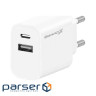 Зарядний пристрій Grand-X 1xUSB-C + 1xUSB 21W OCP white (CH-21W)