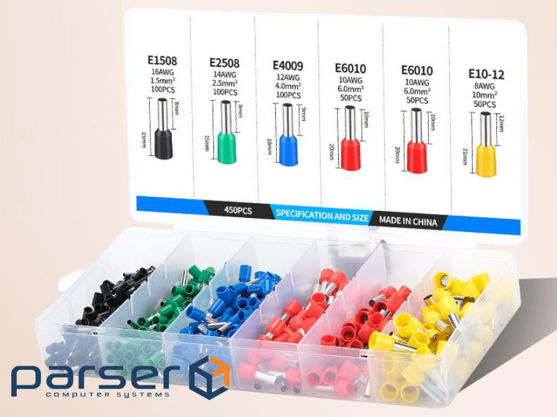Набір клем / наконечників 450шт(E2508g-100,E1508bl-100,E4009b-100,E6010r-100,E1012y-50)в (YT-39484) (YT-39484)