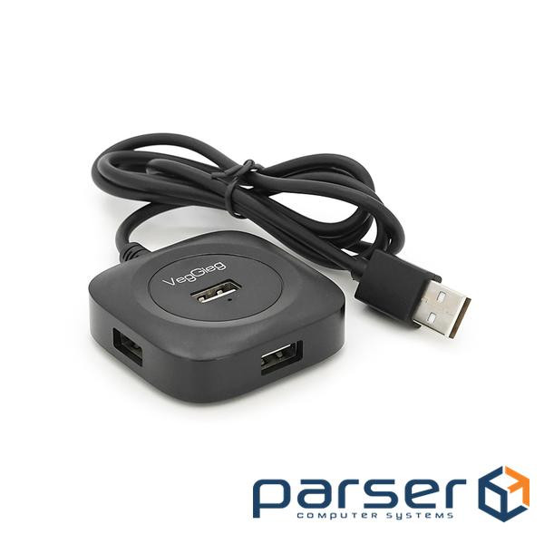 Хаб VEGGIEG V-U2406 USB 2.0 4 порта, 480Mbts, живлення від USB, Black, 1,0m, Box