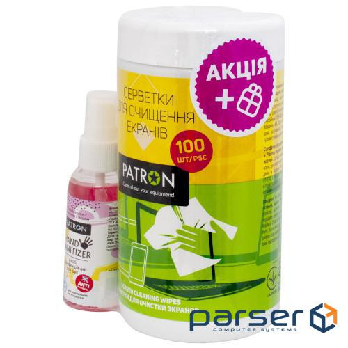 Набір Patron, що чистить: серветки, що чистять для екранів, туба, 100 шт + спрей-антисептик (CS-PN-F3-050)