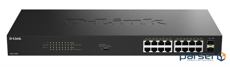 Комутатор D-Link DGS-1018P 16x1GE PoE+, 240Вт, 30Вт/порт, Некерований