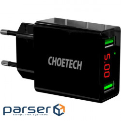 Зарядний пристрій CHOETECH C0028 Dual Port USB Wall Charger with Digital Display Black