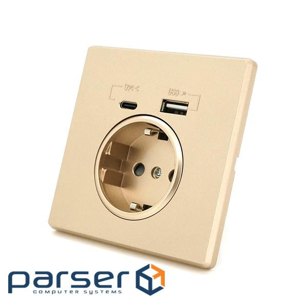 Розетка врізна із заземленням, Input: AC:110-250V / 16A, Type-C / USB-виходи, Gold (31518) , Gold (31518)