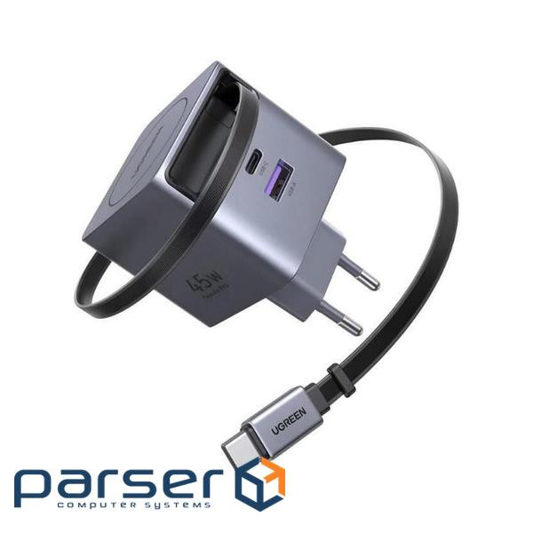 Зарядний пристрій Ugreen USB-C PD45W GaN + cable USB-C to USB-C retractable (65822)