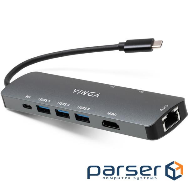 Концентратор Vinga USB-C 3.1 to HDMI+RJ45_1Gbps+3xUSB3.0+SD/TF+PD100W (VHYC8)
