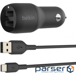 Зарядний пристрій Belkin Car Charger (24W) Dual USB-A, USB-A - USB-C, 1m, black (CCE001BT1MBK)