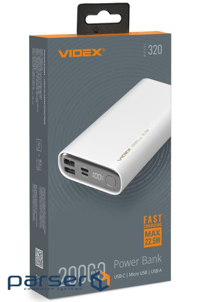 Універсальна мобільна батарея 20000 mAh, Videx VPB-320, White, 22.5 Вт , 1xType-C (PD3. (VPB-320-W)