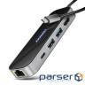 Концентратор AXAGON USB-C to 2xUSB-A + 1xUSB-C + HDMI + RJ45 + PD100W 0.2m grey (HMC-6GLN)