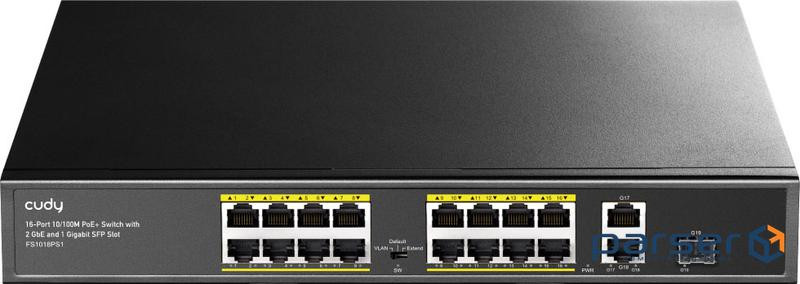 Комутатор Cudy FS1018PS1, 16 порт 10/100M PoE+ Switch with 2 Gigabit Uplink and 1 SFP (FS1018PS1_EU)