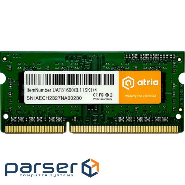 Модуль пам'яті ATRIA SO-DIMM DDR3 1600MHz 4GB (UAT31600CL11SK1/4)
