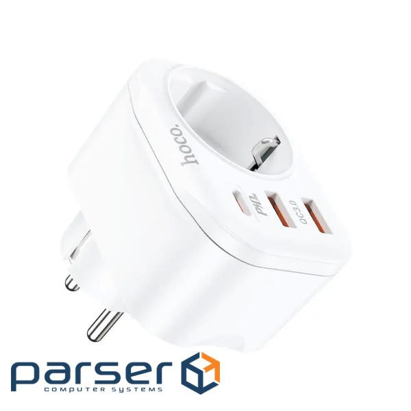 Мережевий фільтр HOCO NS3 на 1 розетка + 2 USB + USB-C, 20W, 220В, White (HOCO NS3W) , White (HOCO NS3W)