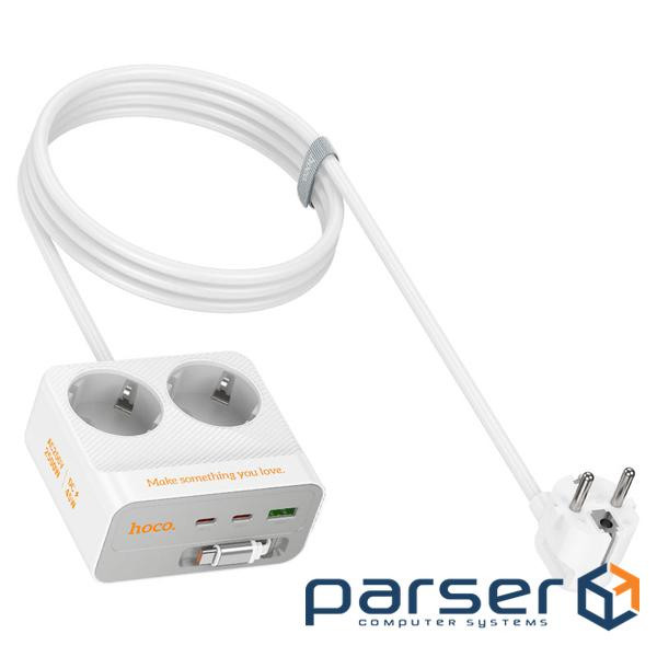 Мережевий фільтр HOCO AC28A на 2 розетки + 1 USB + 3 USB-C, 45W, 220В, кабель 2м, White, Box