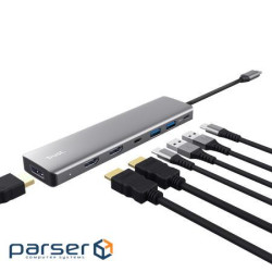 Адаптер Trust Dalyx 7in1 USB-C> 2xUSB-А 3.2/2xUSB-С/2xHDMI/Display Port, Алюміній, 0.16м, (25661)